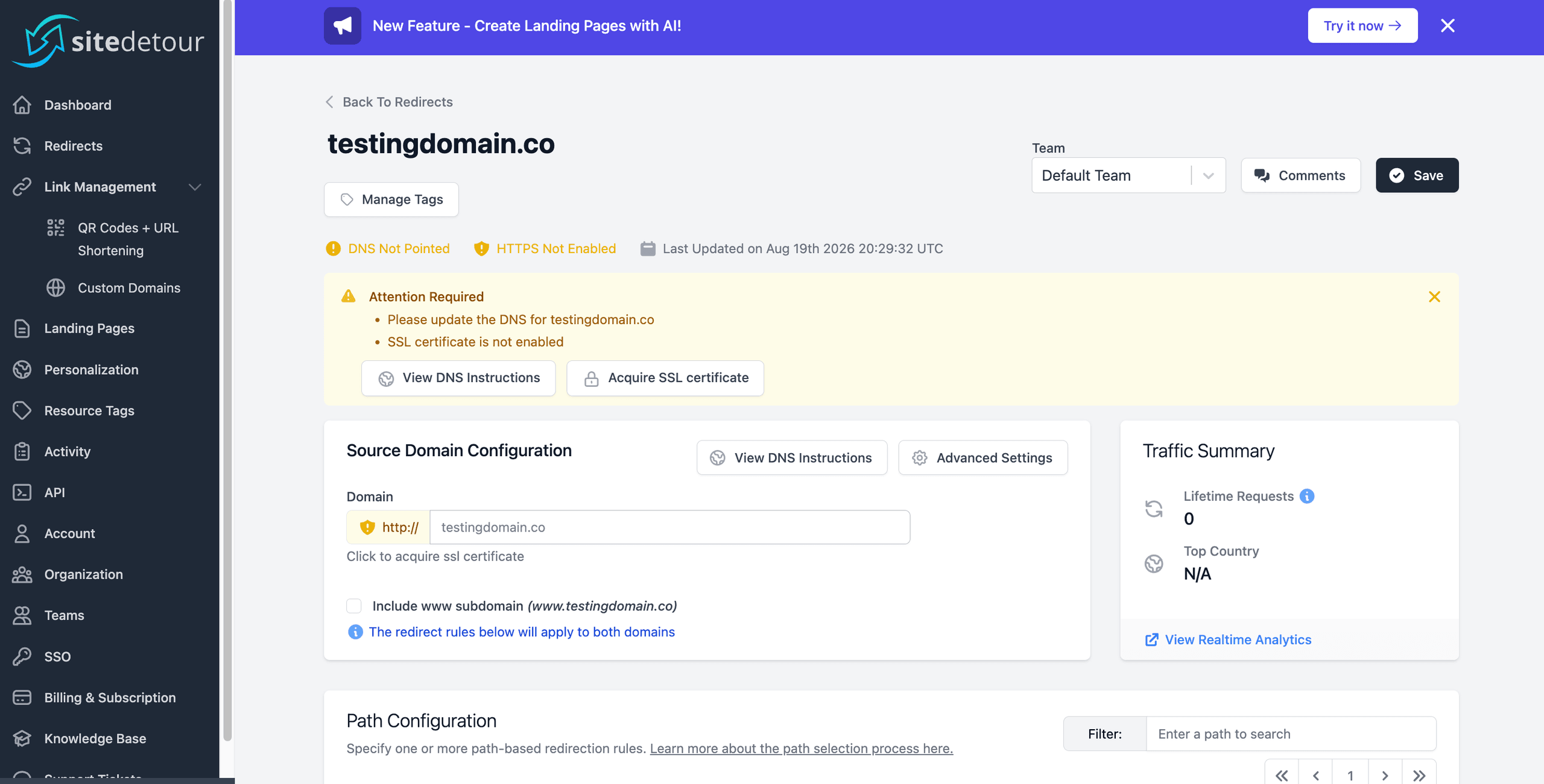 Screenshot showing instructions to configure a redirect in SiteDetour platform.