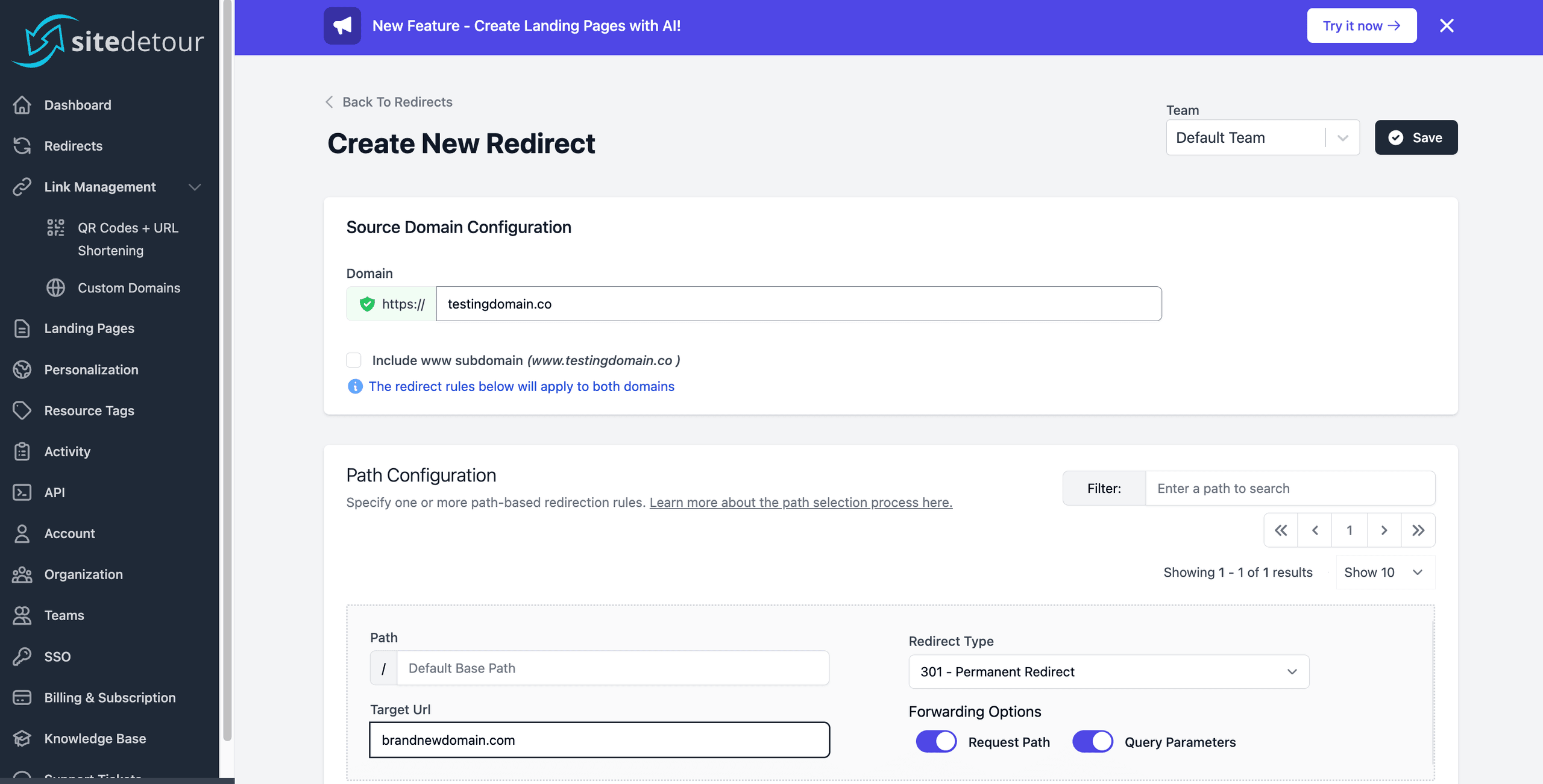 Screenshot showing a redirect being created in the sitedetour dashboard.