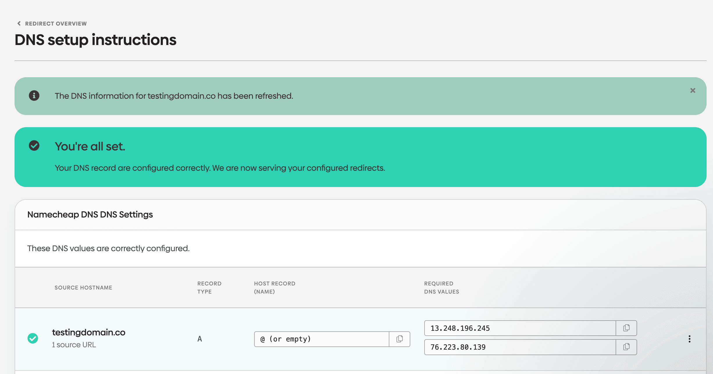 Screenshot showing a redirect being successfully configured in urllo dashboard.