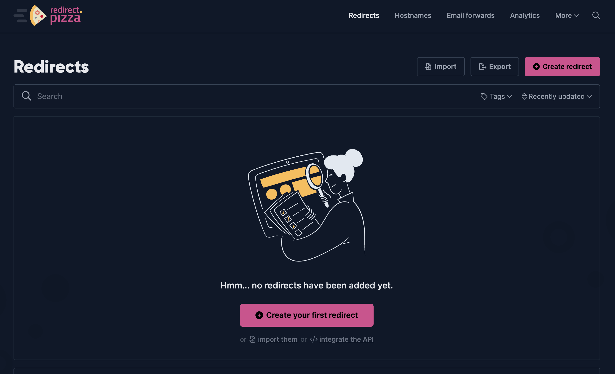 Screenshot showing the inside of redirect.pizza dashboard.