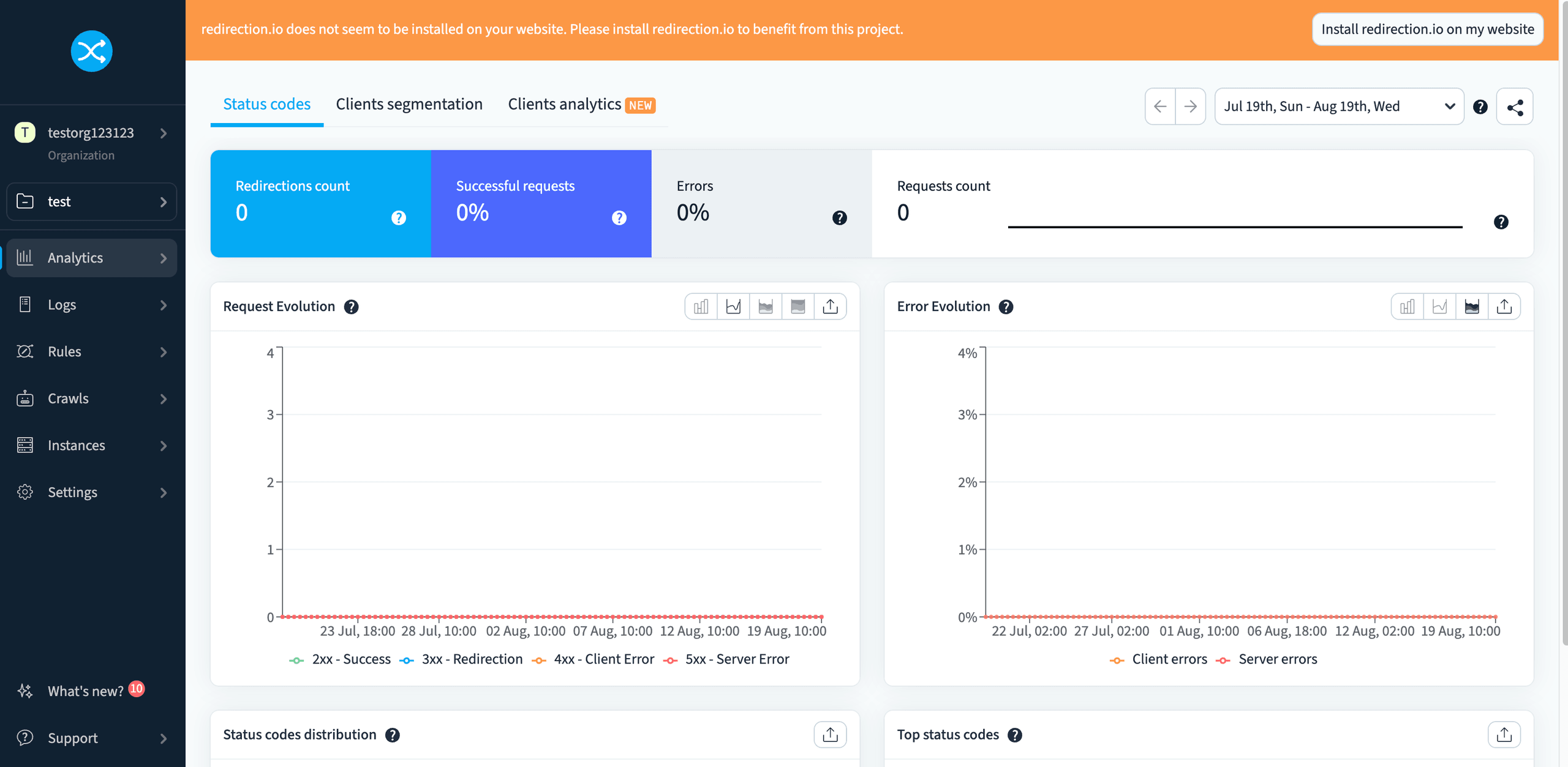 Screenshot showing the inside of redirection.io dashboard.