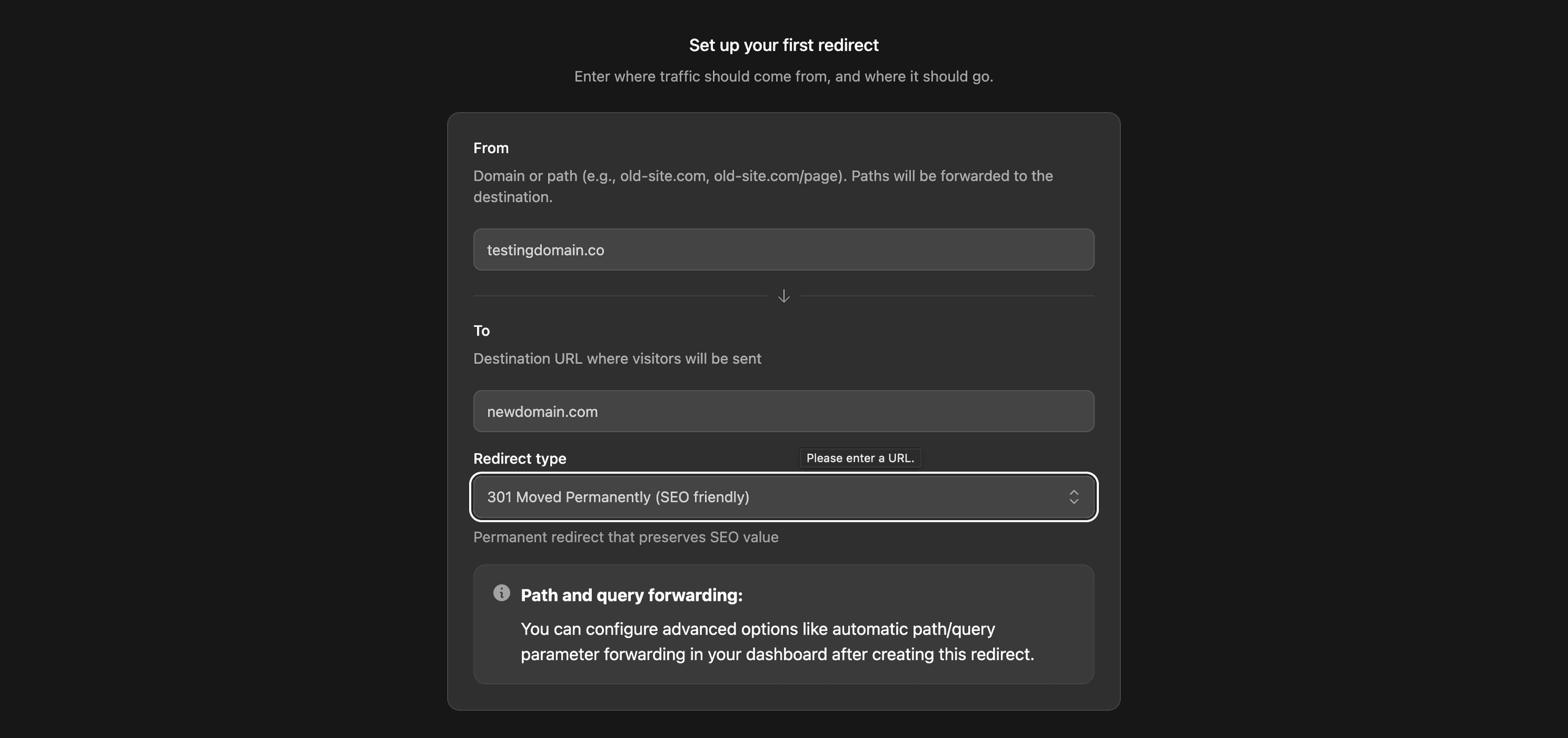 Screenshot showing questionnaire inside Redirhub setup.