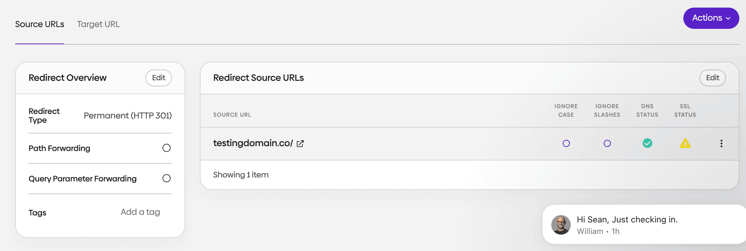 Screenshot showing the redirect has been successfully confirmed in urllo dashboard.