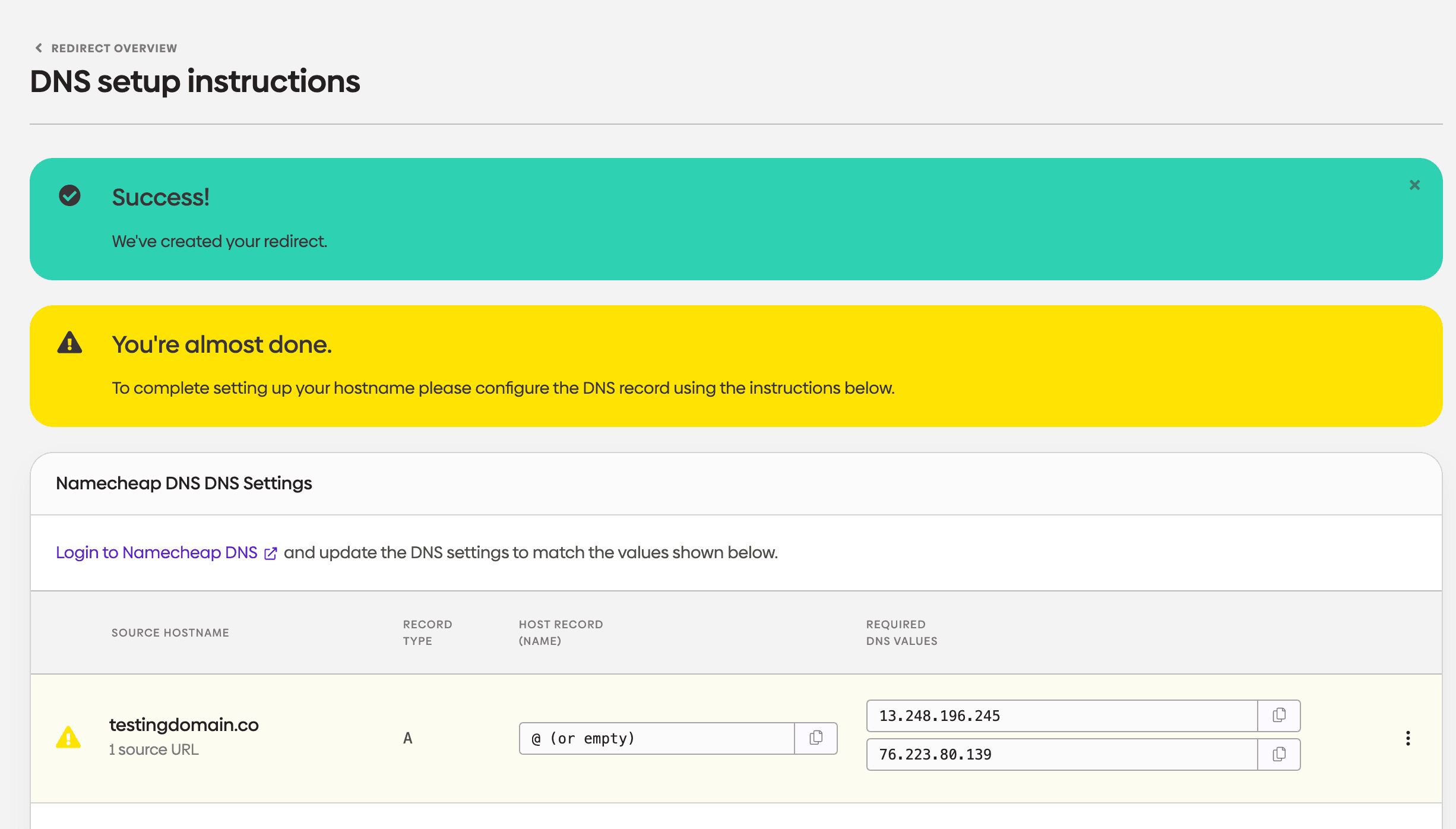 Screenshot showing redirect being configured in urllo dashboard.