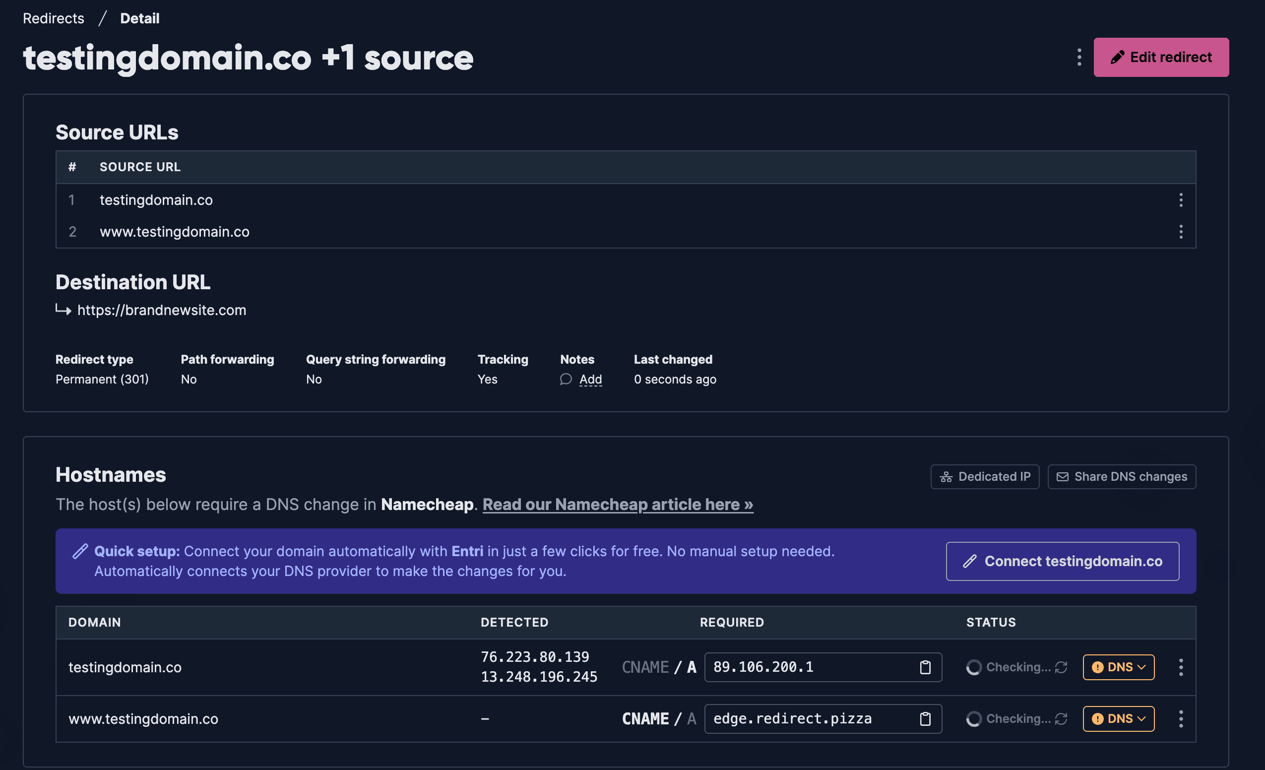 Screenshot showing the configuration portion of redirect.pizza redirect dashboard.