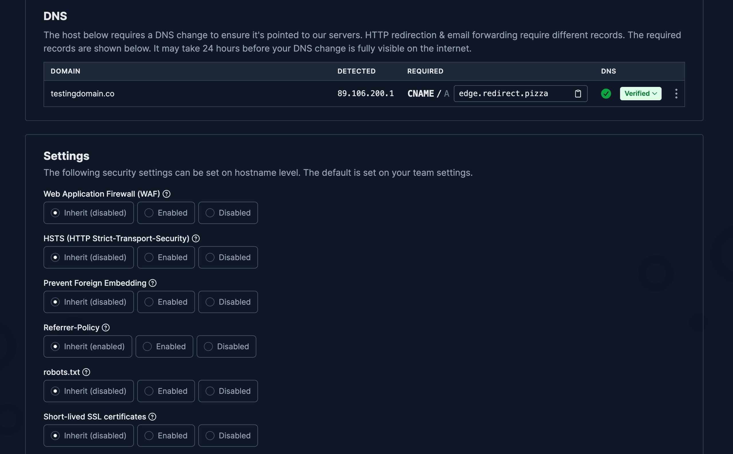 Screenshot showing available settings inside redirect.pizza dashboard.