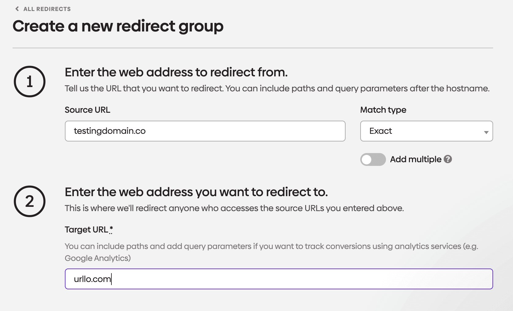 Screenshot showing a new redirect group being created.