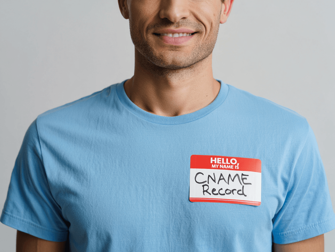 Image showing a person wearing a name tag on their chest saying "Hello, my name is CNAME Record".