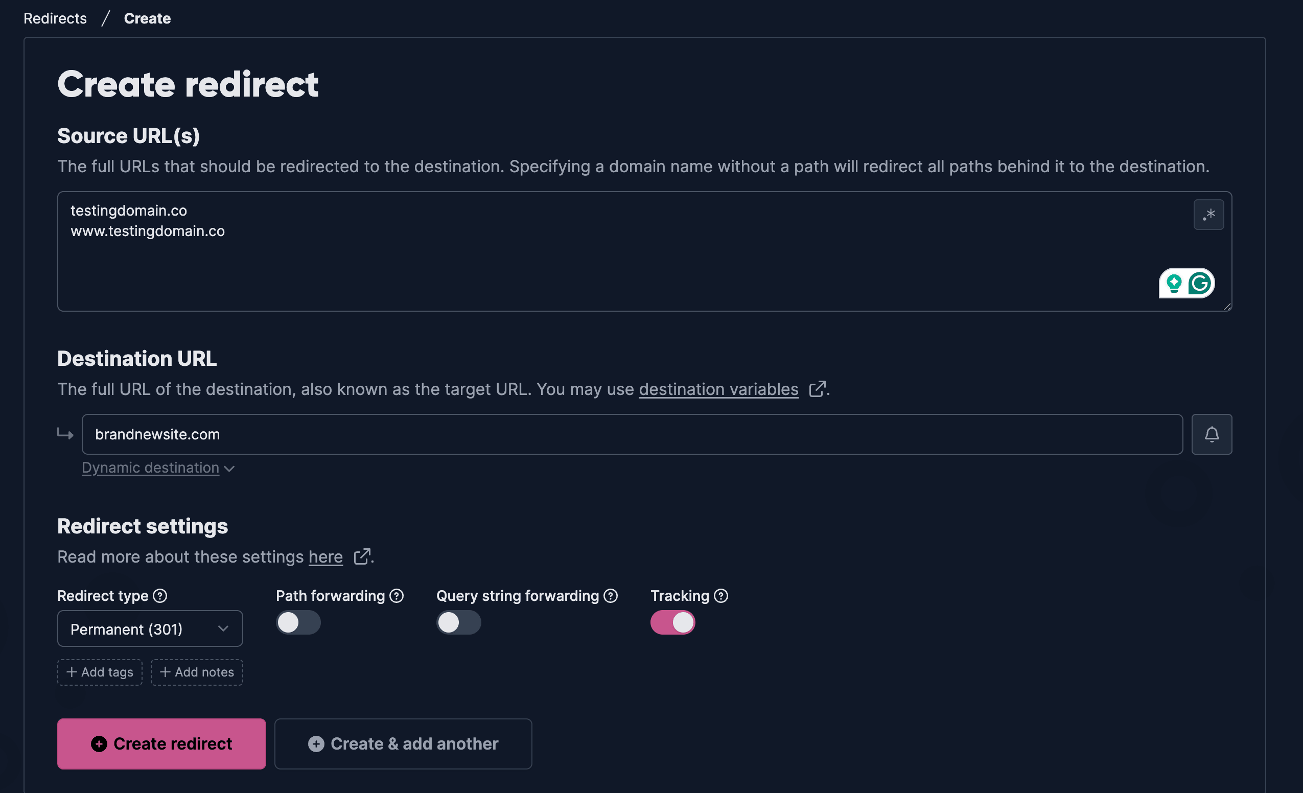 Screenshot showing a redirect being created inside of redirect.pizza dashboard.
