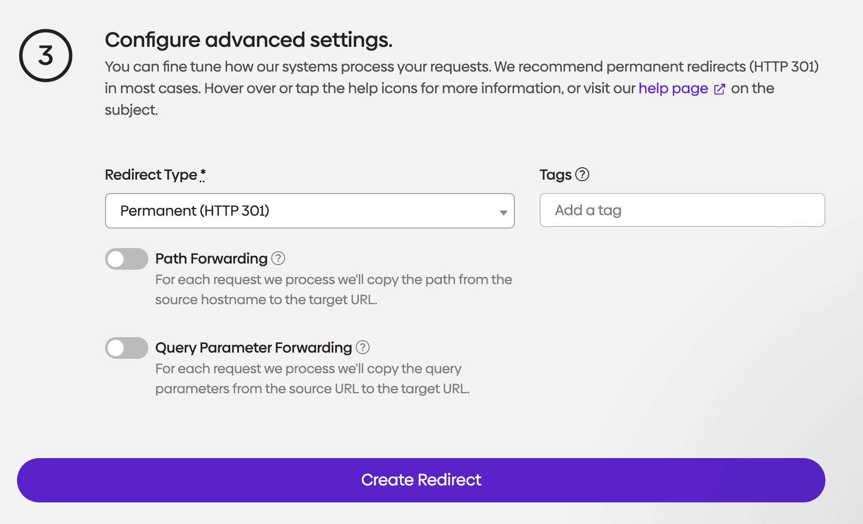 Screenshot showing the redirect type being configured in urllo.