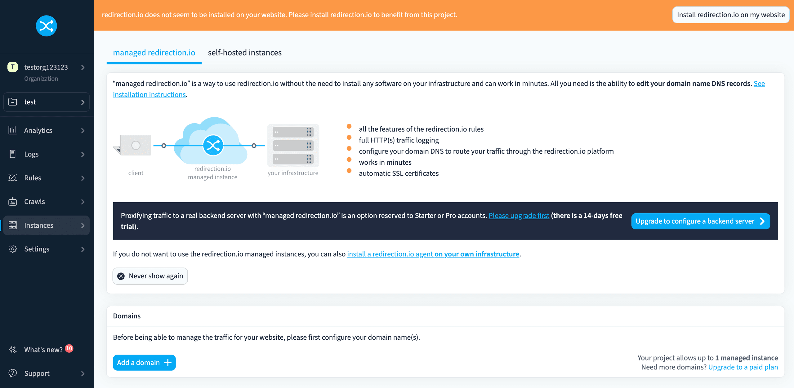 Screenshot showing the configuration process for redirection.io.