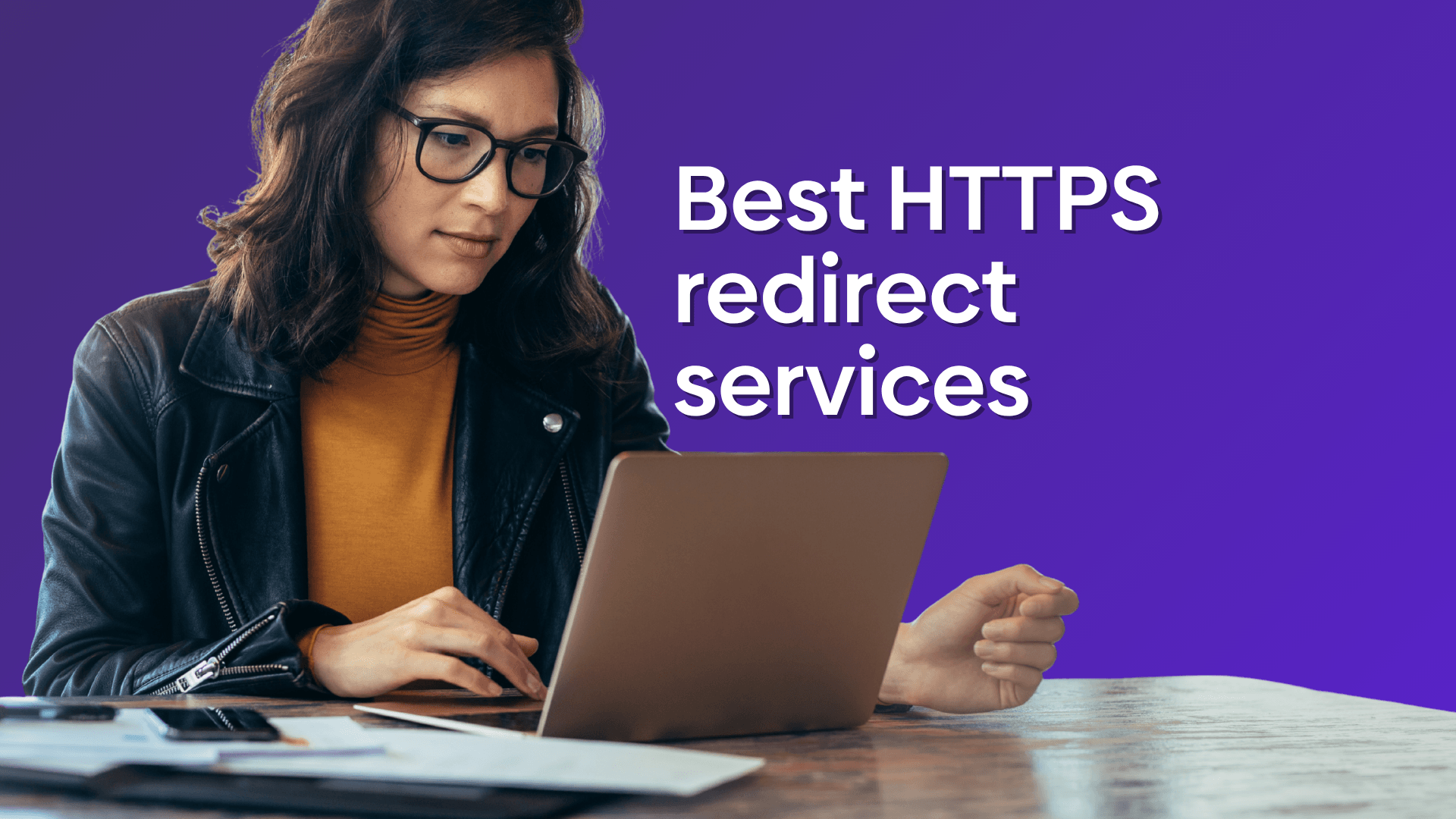 Graphic showing a person using a computer with a text overlay reading "Best HTTPS redirect services".