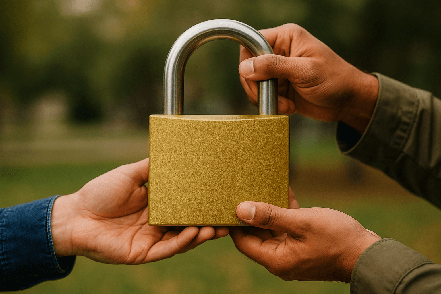 Two people hold an oversized gold padlock together outdoors, with one hand gripping the shackle and the other supporting the base, symbolizing shared security and trust.